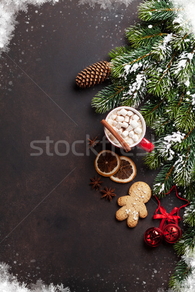 Karácsony fenyőfa forró csokoládé mályvacukor felső kilátás Stock fotó © karandaev