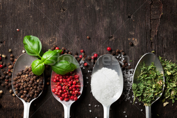 [[stock_photo]]: Herbes · épices · table · en · bois · haut · vue · espace · de · copie