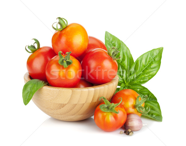 Dojrzały pomidory bazylia czosnku odizolowany biały Zdjęcia stock © karandaev