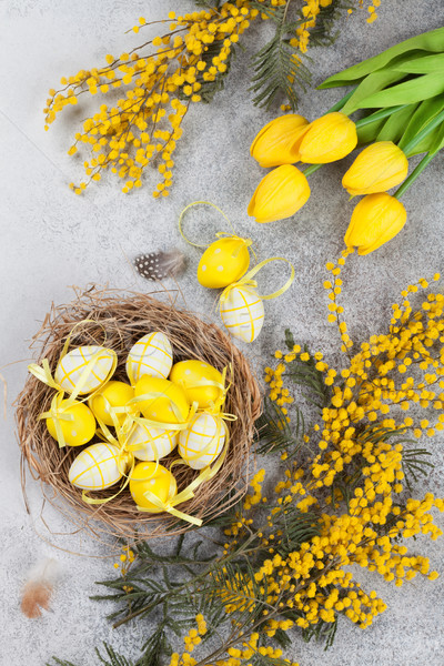 Eier Nest gelben Blüten Ostern Grußkarte top Stock foto © karandaev