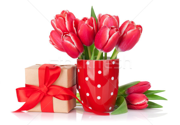 Red tulip flowers bouquet and gift box Stock photo © karandaev
