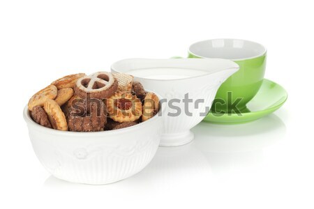 ストックフォト: クッキー · ミルク · 茶碗 · 孤立した · 白