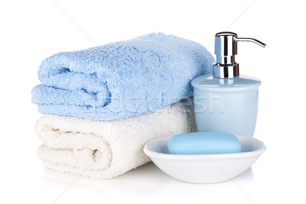 Foto stock: Sabão · dois · toalhas · isolado · branco · corpo