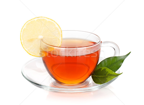 Glas Tasse schwarz Tee Zitronenscheibe isoliert Stock foto © karandaev