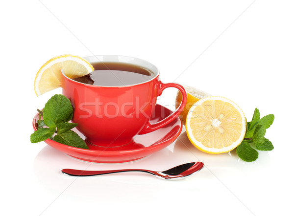 Piros teáscsésze citrom menta izolált fehér Stock fotó © karandaev