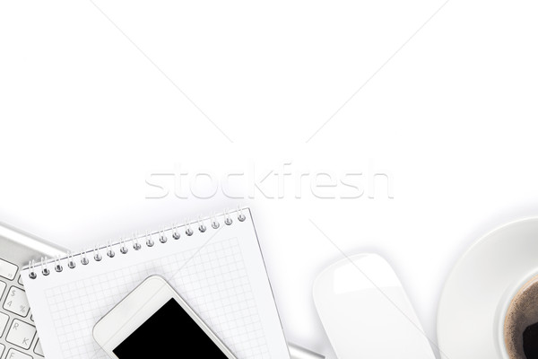 Stock fotó: Irodai · asztal · asztal · számítógép · készlet · kávéscsésze · felső