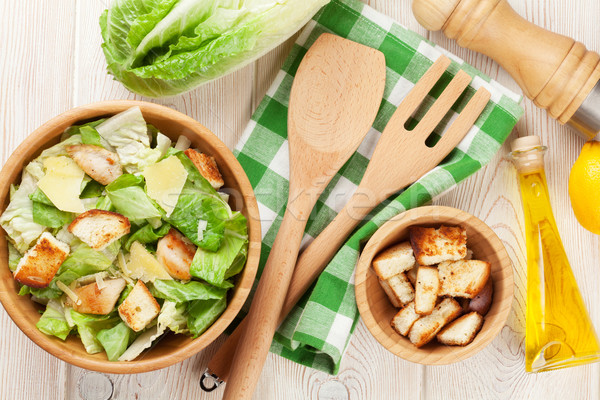 Stockfoto: Vers · gezonde · caesar · salade · koken · houten · tafel · top