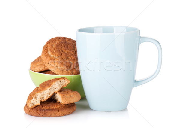 Stock photo: Cup, bottle of milk and bowl with cookies