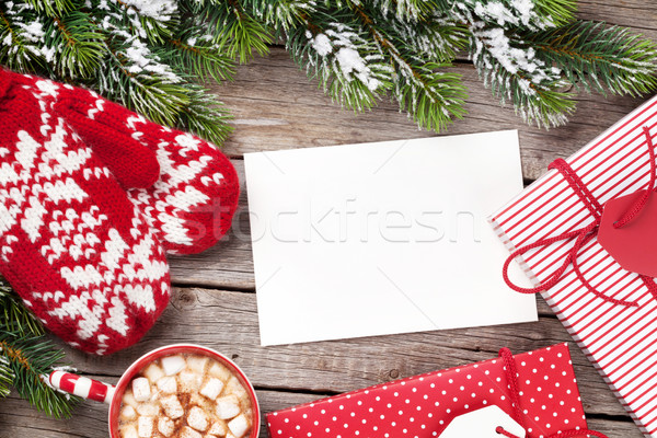 Christmas greeting card, tree, mittens and hot chocolate Stock photo © karandaev