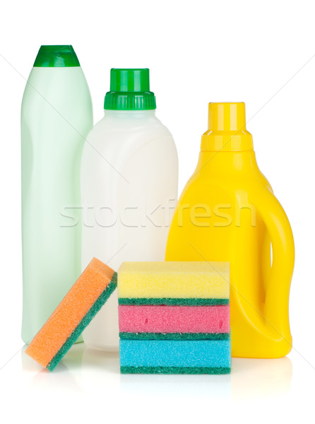 Stock photo: Plastic bottles of cleaning products and sponges