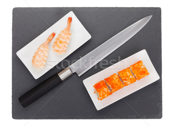 Sushi maki camarão preto pedra isolado Foto stock © karandaev