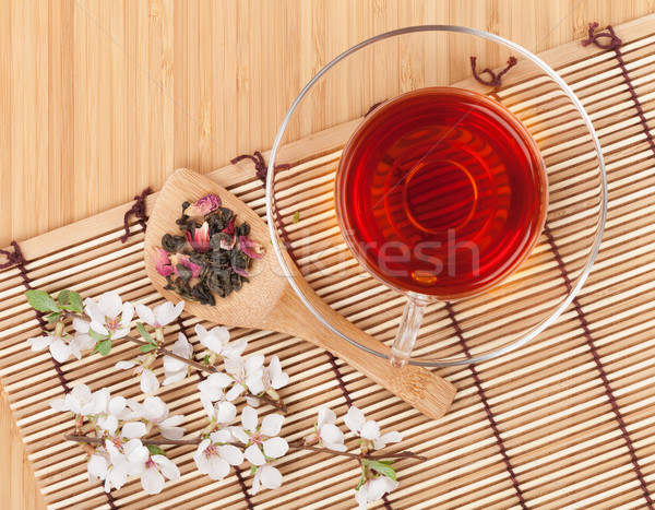 Japonais thé vert sakura branche bambou table Photo stock © karandaev