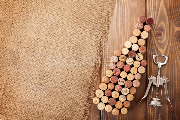ワインボトル コークスクリュー 素朴な 木製のテーブル 黄麻布 ストックフォト © karandaev