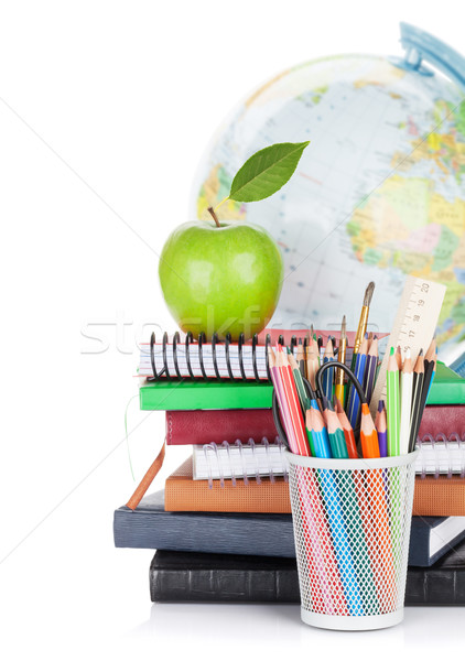 Iskola irodaszerek színes ceruzák alma földgömb Stock fotó © karandaev