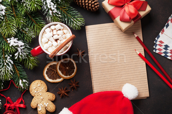 Karácsony fenyőfa forró csokoládé mályvacukor felső kilátás Stock fotó © karandaev