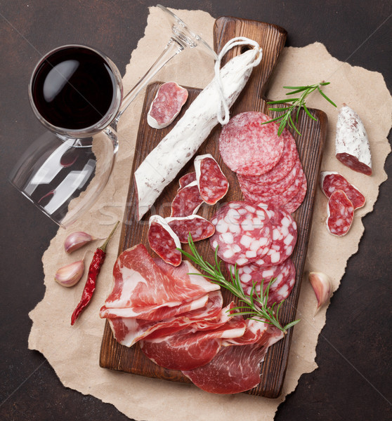 Salami, ham, sausage, prosciutto and wine Stock photo © karandaev