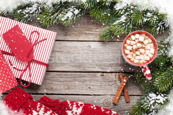 Christmas background with fir tree, gifts, hot chocolate Stock photo © karandaev