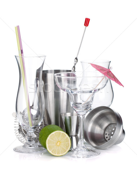 Cocktail shakers, glasses, utensils and lime Stock photo © karandaev