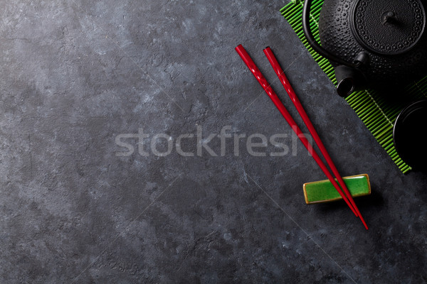 Stockfoto: Groene · thee · sushi · eetstokjes · steen · tabel · top