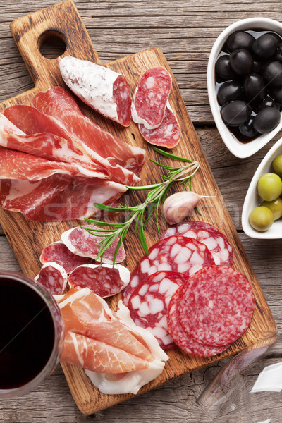 Salami, ham, sausage, prosciutto and wine Stock photo © karandaev