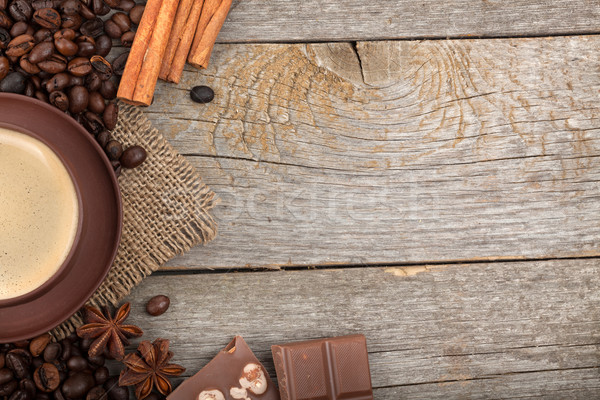 Stockfoto: Koffiekopje · specerijen · chocolade · houten · tafel · textuur · exemplaar · ruimte