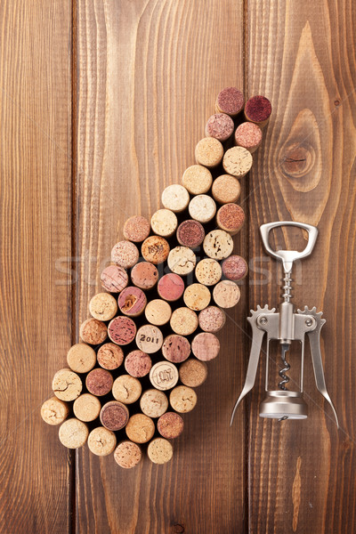 ワインボトル コークスクリュー 素朴な 木製のテーブル 先頭 ストックフォト © karandaev