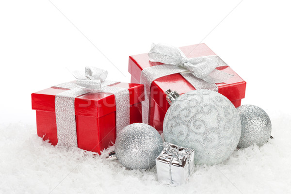 Stok fotoğraf: Noel · kırmızı · hediye · kutuları · kar · bo · mutlu