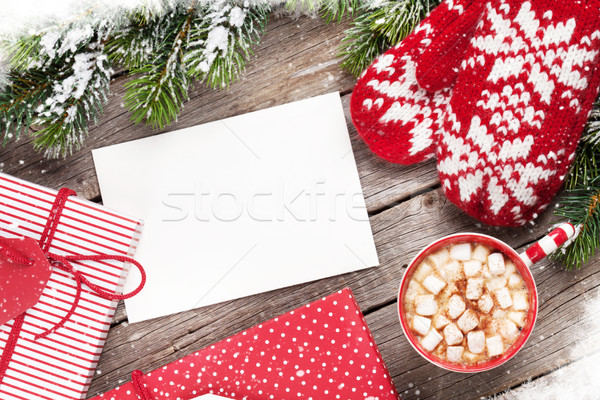 Stock photo: Christmas greeting card, tree, mittens and hot chocolate