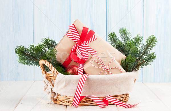 [[stock_photo]]: Noël · coffrets · cadeaux · branche · panier · table · en · bois