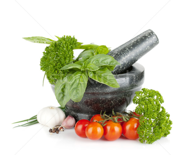 Fresh herbs and spices in mortar Stock photo © karandaev