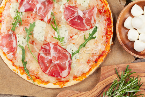 Stock photo: Pizza with prosciutto and mozzarella