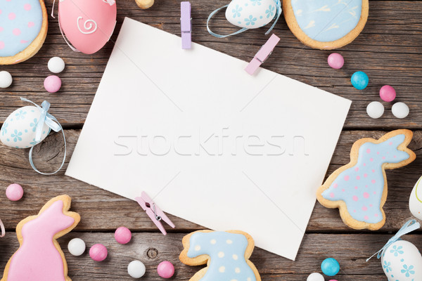 Stockfoto: Pasen · peperkoek · cookies · eieren · wenskaart · houten · tafel