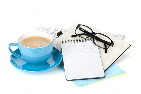 Blau Kaffeetasse Gläser Bürobedarf isoliert weiß Stock foto © karandaev