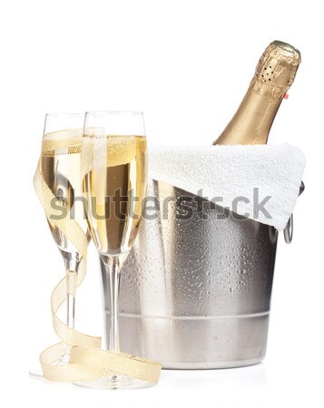 Stock foto: Weihnachten · Champagner · Wecker · Eimer · isoliert · weiß