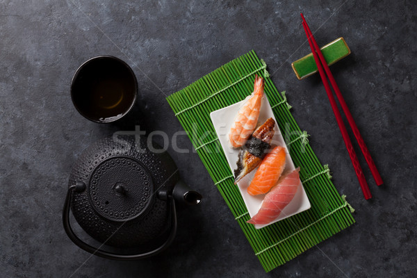 Ayarlamak sushi yeşil çay taş tablo üst Stok fotoğraf © karandaev
