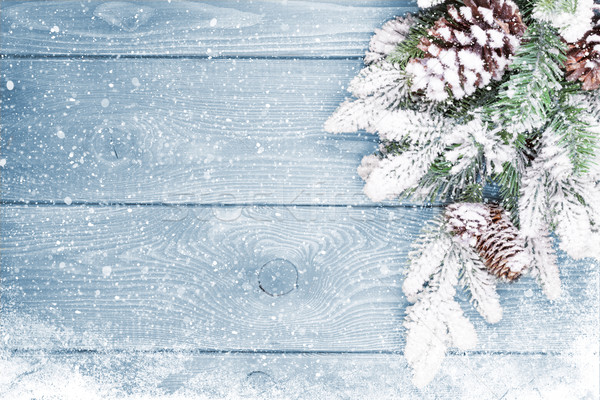 Stock photo: Old wood texture with snow and firtree