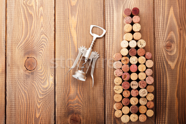 [[stock_photo]]: Bouteille · de · vin · tire-bouchon · rustique · table · en · bois · haut