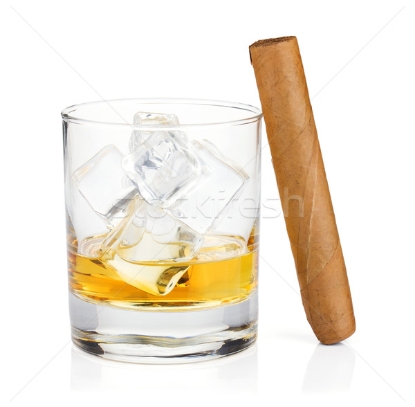 威士忌酒 玻璃 雪茄 孤立 白 橙 商業照片 © karandaev