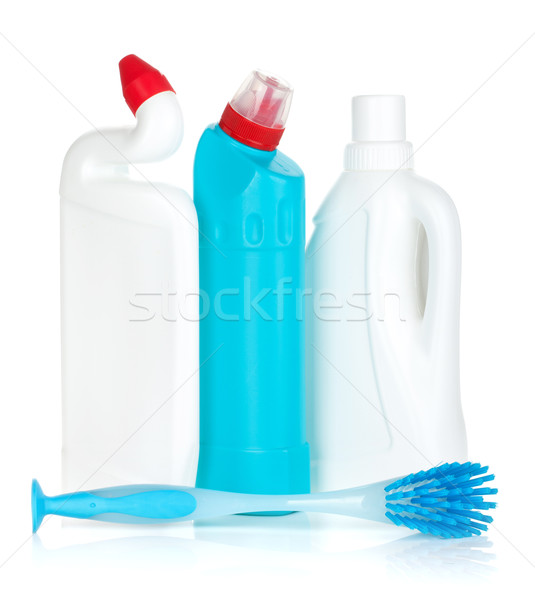 Plastikowe butelek produktów czyszczących szczotki odizolowany biały Zdjęcia stock © karandaev