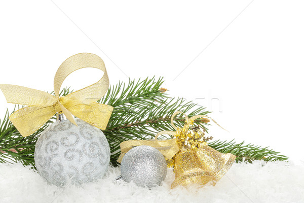 Stockfoto: Christmas · gouden · lint · sneeuw · geïsoleerd