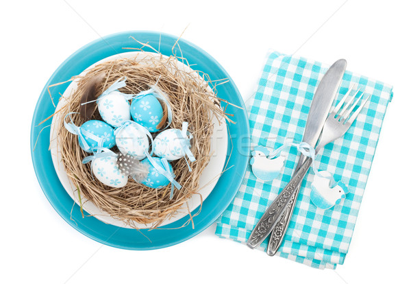 Húsvéti tojások fészek tányér ezüst étkészlet izolált fehér Stock fotó © karandaev