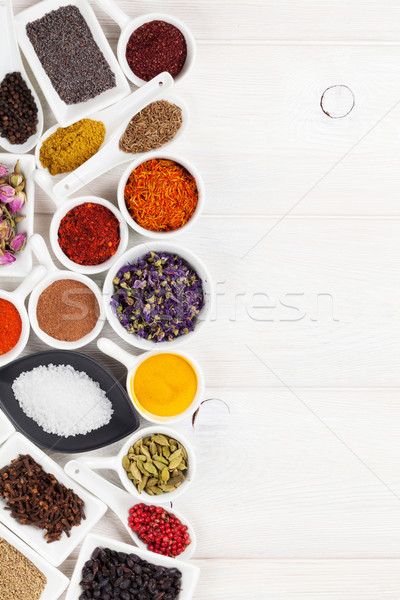 Stock photo: Various spices on white wooden background