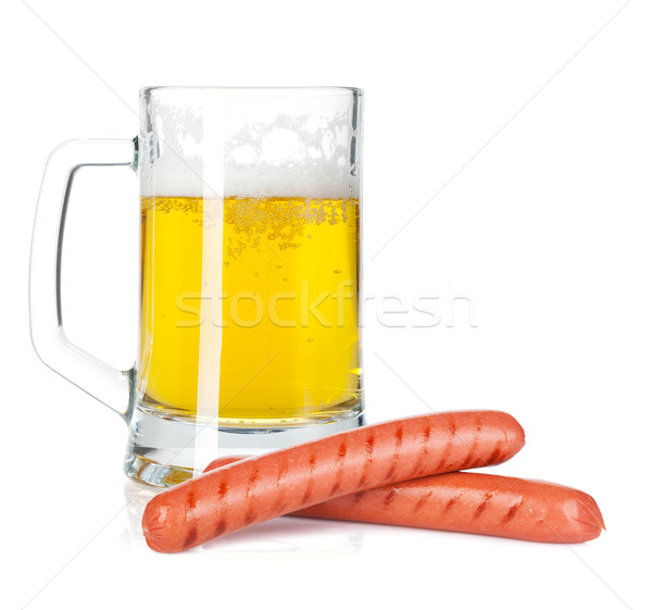 Stockfoto: Bier · mok · gegrild · worstjes · geïsoleerd · witte