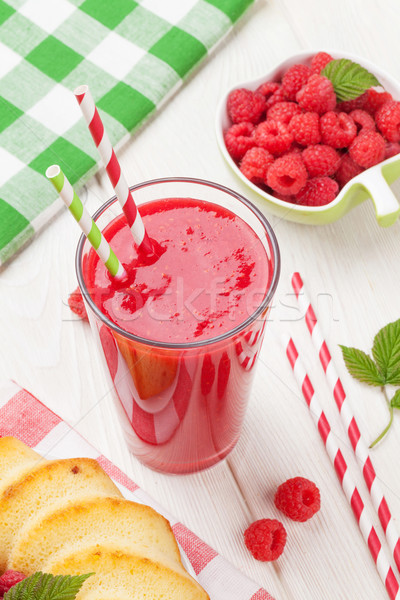 Stock photo: Raspberry smoothie, cake and berries