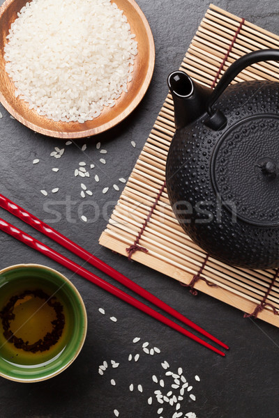 ázsiai tea tál teáskanna kő asztal Stock fotó © karandaev
