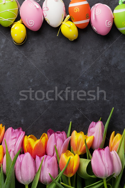 Stock fotó: Színes · húsvéti · tojások · tulipánok · tulipán · virágok · kő