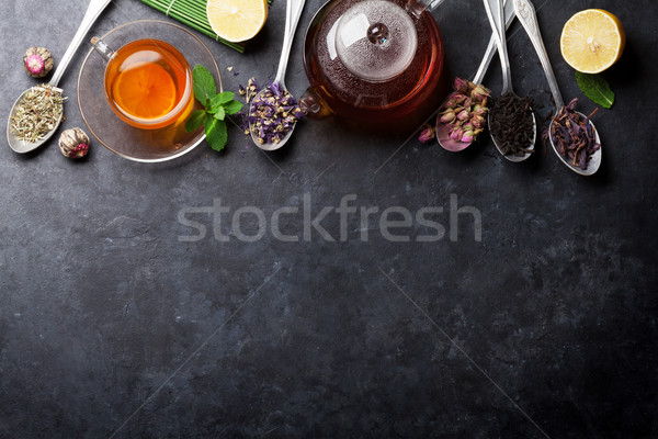 Teáscsésze válogatás száraz tea kanalak kő Stock fotó © karandaev