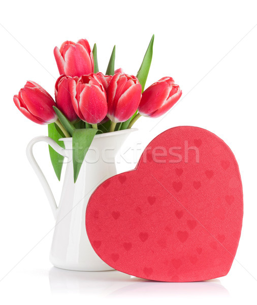 Stockfoto: Rood · tulp · bloemen · geschenkdoos · boeket · beker