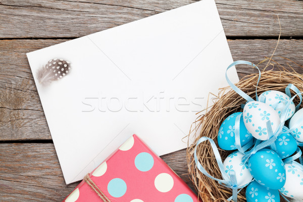 Stok fotoğraf: Paskalya · tebrik · kartı · mavi · beyaz · yumurta · hediye · kutusu