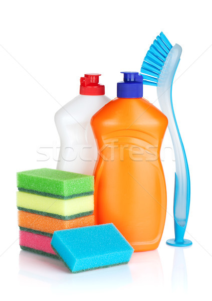 Plastic bottles of cleaning products, sponges and brush Stock photo © karandaev